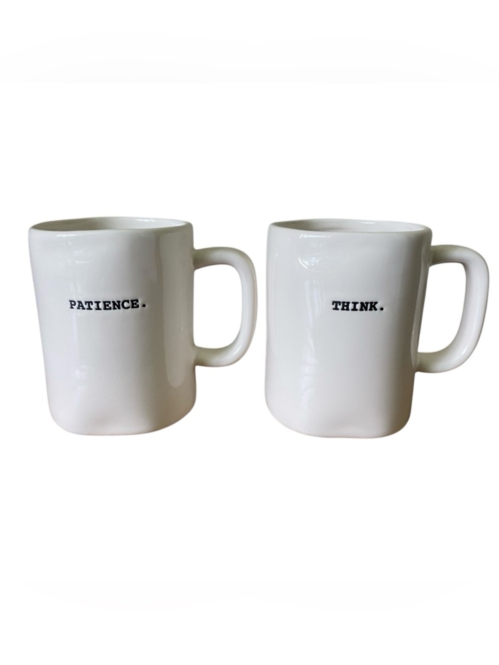 Rae Dunn Coffee Cup Mug Set Of 2 THINK. PATIENCE. Typewriter Text Farmhouse